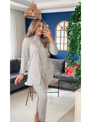 Kadın Uzun Kollu Balıkçı Yaka önden Düğmeli Bluz Ve Pantolon Yumoş Ikili Takım