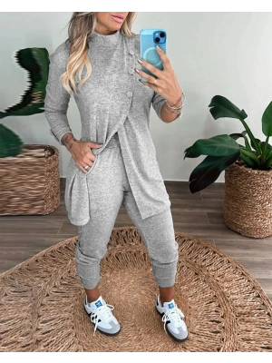 Kadın Uzun Kollu Balıkçı Yaka önden Düğmeli Bluz Ve Pantolon Yumoş Ikili Takım