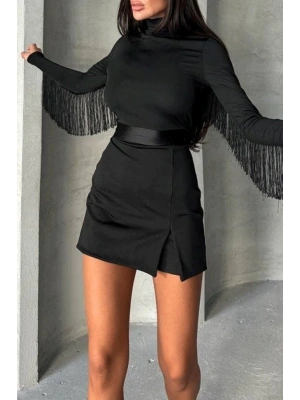 Kadın Uzun Kollu Balıkçı Yaka Püsküllü Kuşaklı Ithal Krep Tulum