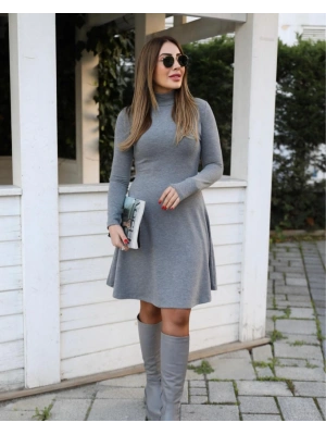 Kadın Uzun Kollu Balıkçı Yaka Salaş Kusa Akrilik Elbise