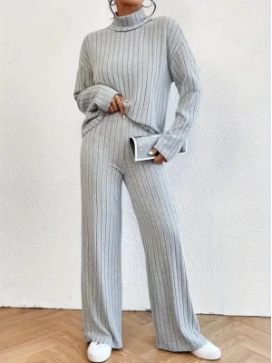 Kadın Uzun Kollu Balıkçı Yaka şardonlu Bluz Ve Pantolon Ikili Takım