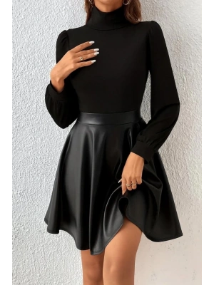 Kadın Uzun Kollu Balıkçı Yaka üst Kaşkorse Alt Deri Detaylı Mini Elbise