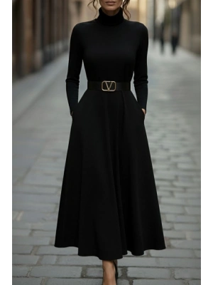 Kadın Uzun Kollu Balıkçı Yaka Uzun Akrilik Elbise