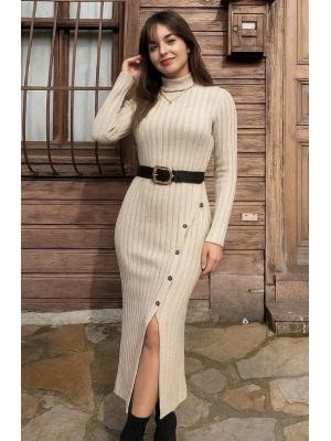 Kadın Uzun Kollu Balıkçı Yaka Yırtmaçlı Düğmeli şardonlu Kaşkorse Elbise