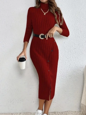 Kadın Uzun Kollu Balıkçı Yaka Yırtmaçlı Düğmeli şardonlu Kaşkorse Elbise(kemersiz)