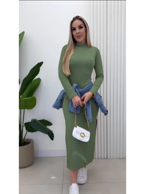 Kadın Uzun Kollu Balıkçı Yakalı Yanlardan Yırtmaçlı Kaşkorse Maxi Elbise