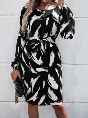 Kadın Uzun Kollu Bel Bağlama Detay Krep Elbise