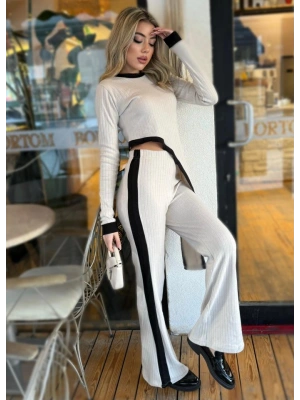 Kadın Uzun Kollu Bisiklet Yaka Asimetrik Kesim Bluz şardonlu Kaşkorse Bluz Ve Pantolon Ikili Takım