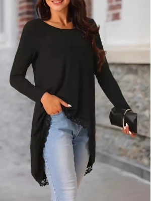 Kadın Uzun Kollu Bisiklet Yaka Asimetrik Kesim Detaylı Dantelli Viskon Bluz
