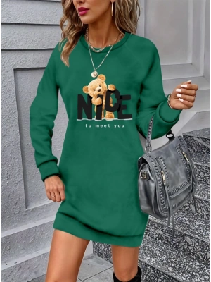 Kadın Uzun Kollu Bisiklet Yaka Ayı Desenli Viskon Iki Iplik Elbise