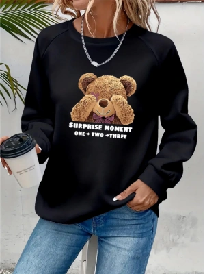 Kadın Uzun Kollu Bisiklet Yaka Ayıcık Desenli Viskon Iki Iplik Bluz