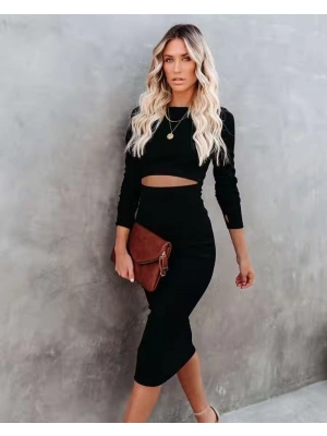 Kadın Uzun Kollu Bisiklet Yaka Bel Dekolteli Krep Midi Boy Elbise