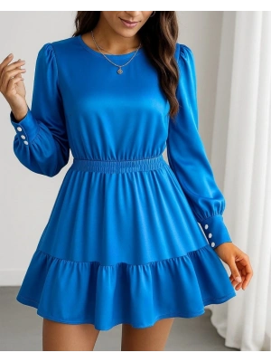 Kadın Uzun Kollu Bisiklet Yaka Beli Lastikli Fırfırlı Ithal Krep Elbise