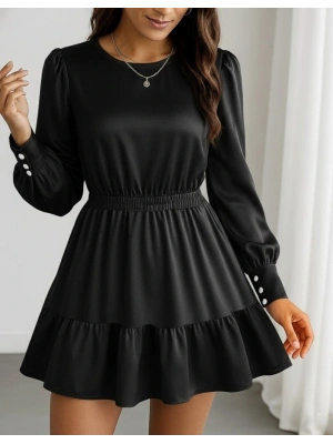 Kadın Uzun Kollu Bisiklet Yaka Beli Lastikli Fırfırlı Ithal Krep Elbise