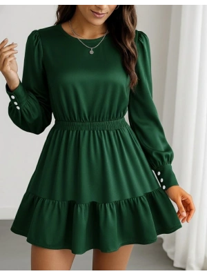 Kadın Uzun Kollu Bisiklet Yaka Beli Lastikli Fırfırlı Ithal Krep Elbise