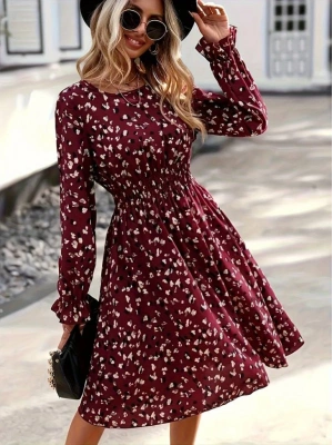 Kadın Uzun Kollu Bisiklet Yaka Beli Lastikli Midi Süprem Elbise