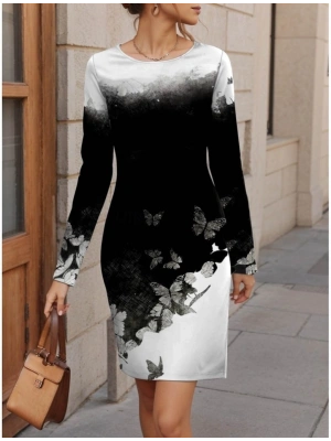 Kadın Uzun Kollu Bisiklet Yaka çiçek Desenli Kısa şardonlu Dalgıç Elbise