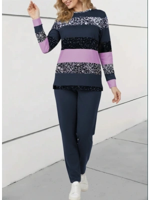 Kadın Uzun Kollu Bisiklet Yaka çizgili Desen Iki Iplik Bluz Ve Pantolon Ikili Takım