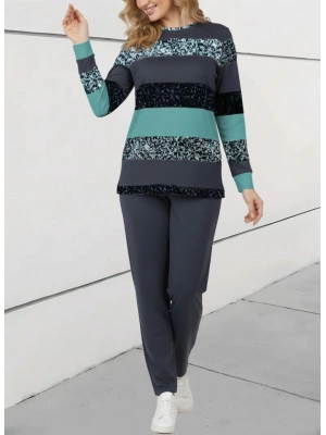 Kadın Uzun Kollu Bisiklet Yaka çizgili Desen Iki Iplik Bluz Ve Pantolon Ikili Takım