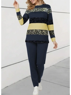 Kadın Uzun Kollu Bisiklet Yaka çizgili Desen Iki Iplik Bluz Ve Pantolon Ikili Takım