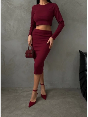 Kadın Uzun Kollu Bisiklet Yaka Crop Ve Midi Boy Kaşkorse Kumaş Etek Ikili Takım