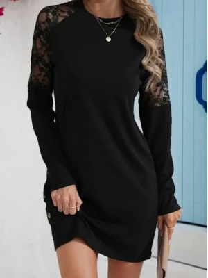 Kadın Uzun Kollu Bisiklet Yaka Dantel Detaylı Visk8n Iki Iplik Düğmeli Mini Elbise