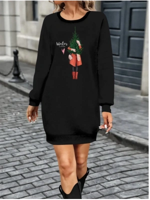 Kadın Uzun Kollu Bisiklet Yaka Desenli Kısa Viskon Iki Iplik Elbise