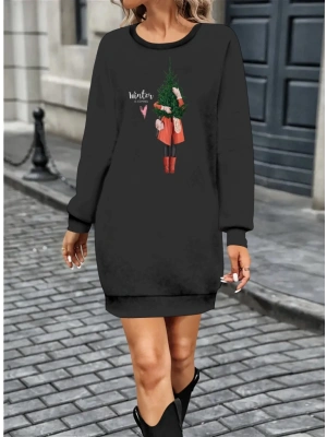 Kadın Uzun Kollu Bisiklet Yaka Desenli Kısa Viskon Iki Iplik Elbise