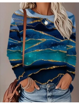 Kadın Uzun Kollu Bisiklet Yaka Desenli Modal Bluz