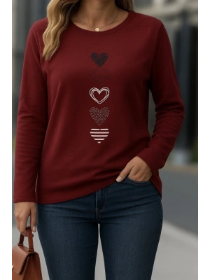 Kadın Uzun Kollu Bisiklet Yaka Desenli Viskon Bluz