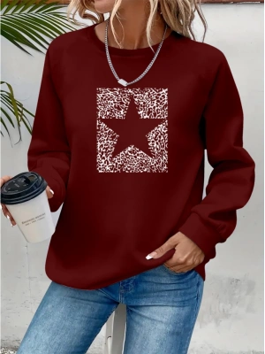 Kadın Uzun Kollu Bisiklet Yaka Desenli Viskon Iki Iplik Bluz