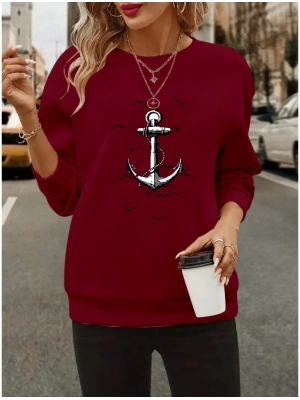 Kadın Uzun Kollu Bisiklet Yaka Desenli Viskon Iki Iplik Bluz