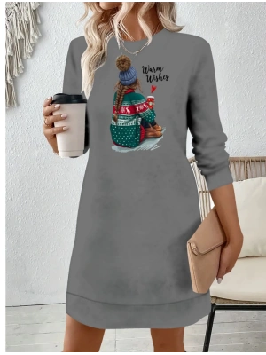 Kadın Uzun Kollu Bisiklet Yaka Desenli Viskon Iki Iplik Elbise