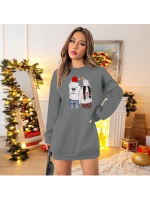 Kadın Uzun Kollu Bisiklet Yaka Desenli Viskon Iki Iplik Elbise