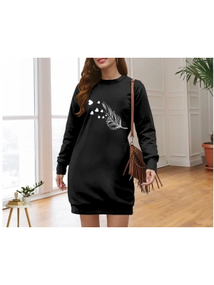 Kadın Uzun Kollu Bisiklet Yaka Desenli Viskon Iki Iplik Elbise