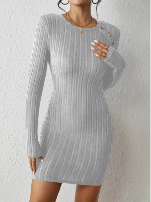 Kadın Uzun Kollu Bisiklet Yaka Düğmeli Kısa şardonlu Kaşkorse Elbise