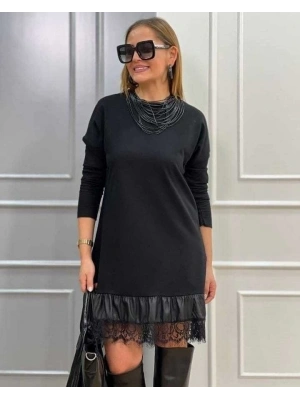 Kadın Uzun Kollu Bisiklet Yaka Etek Ucu Deri Ve Tül Detay Iki Iplik Mini Boy Elbise