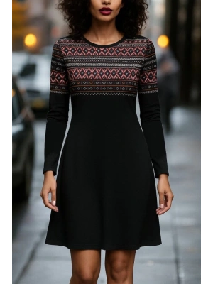 Kadın Uzun Kollu Bisiklet Yaka Etnik Desenli Kısa şardonlu Dalgıç Elbise