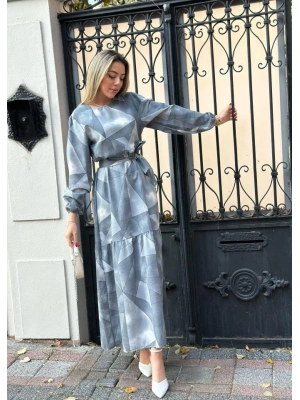 Kadın Uzun Kollu Bisiklet Yaka Geometrik Desen Baskılı Kuşak Dahil Maxi Boy Elbise