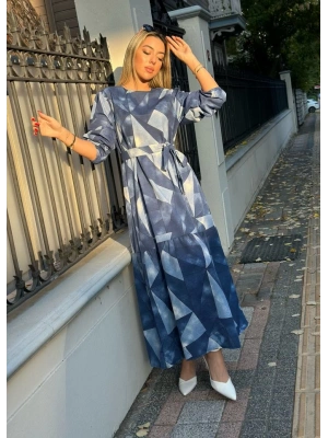 Kadın Uzun Kollu Bisiklet Yaka Geometrik Desen Baskılı Kuşak Dahil Maxi Boy Elbise