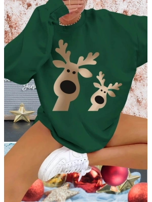 Kadın Uzun Kollu Bisiklet Yaka Geyik Desenli Viskon Iki Iplik Bluz