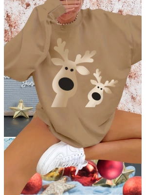 Kadın Uzun Kollu Bisiklet Yaka Geyik Desenli Viskon Iki Iplik Bluz