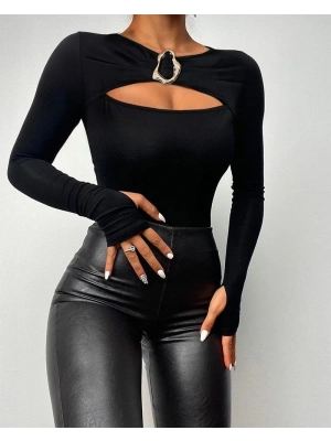 Kadın Uzun Kollu Bisiklet Yaka Göğüs Dekolteli Viskon Bluz