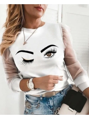 Kadın Uzun Kollu Bisiklet Yaka Göz Baskılı Kolları Tül Detay Dalgıç Bluz