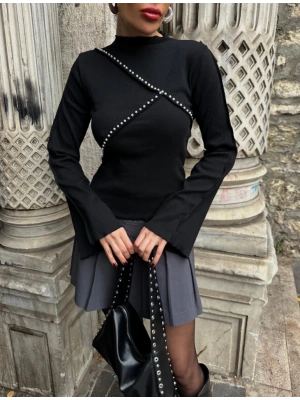 Kadın Uzun Kollu Bisiklet Yaka Inci Detay Bluz