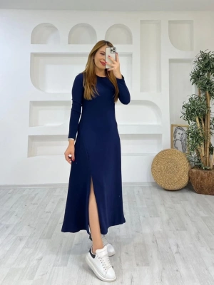 Kadın Uzun Kollu Bisiklet Yaka Size Kadar Yırtmaç Detay Maxi Boy Elbise