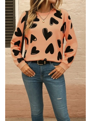 Kadın Uzun Kollu Bisiklet Yaka Kalp Desenli Iki Iplik Bluz