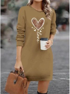 Kadın Uzun Kollu Bisiklet Yaka Kalp Desenli Kısa Viskon Elbise