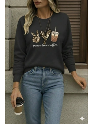 Kadın Uzun Kollu Bisiklet Yaka Kalp Desenli Viskon Iki Iplik Bluz