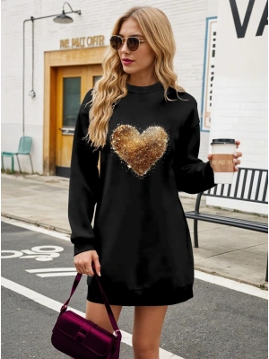 Kadın Uzun Kollu Bisiklet Yaka Kalp Desenli Viskon Iki Iplik Bluz